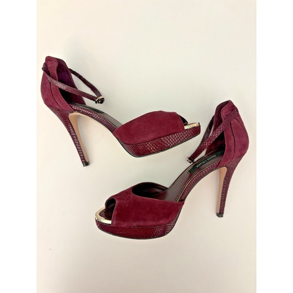 WHBM Stileto Heels Womens 8M Burgundy Suede Snake Trim Sandal Ankle Strap 4.5" - Picture 1 of 9
